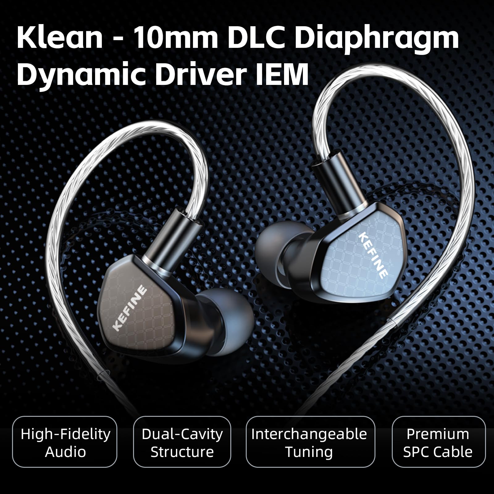 Klean - Auricolari in-ear con diaframma DLC da 10 mm, driver dinamico HiFi, auricolari cablati, auricolari da gioco, ugelli intercambiabili, IEM ibrido, cavo staccabile per musicisti (microfono