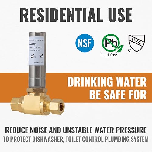 Miniatura 4 de SUNGATOR Martillo de agua de 38 pulgadas, 38 pulgadas macho Comp. × 38 pulgadas hembra Comp. Tee de acero inoxidable para lavavajillas, inodoro,