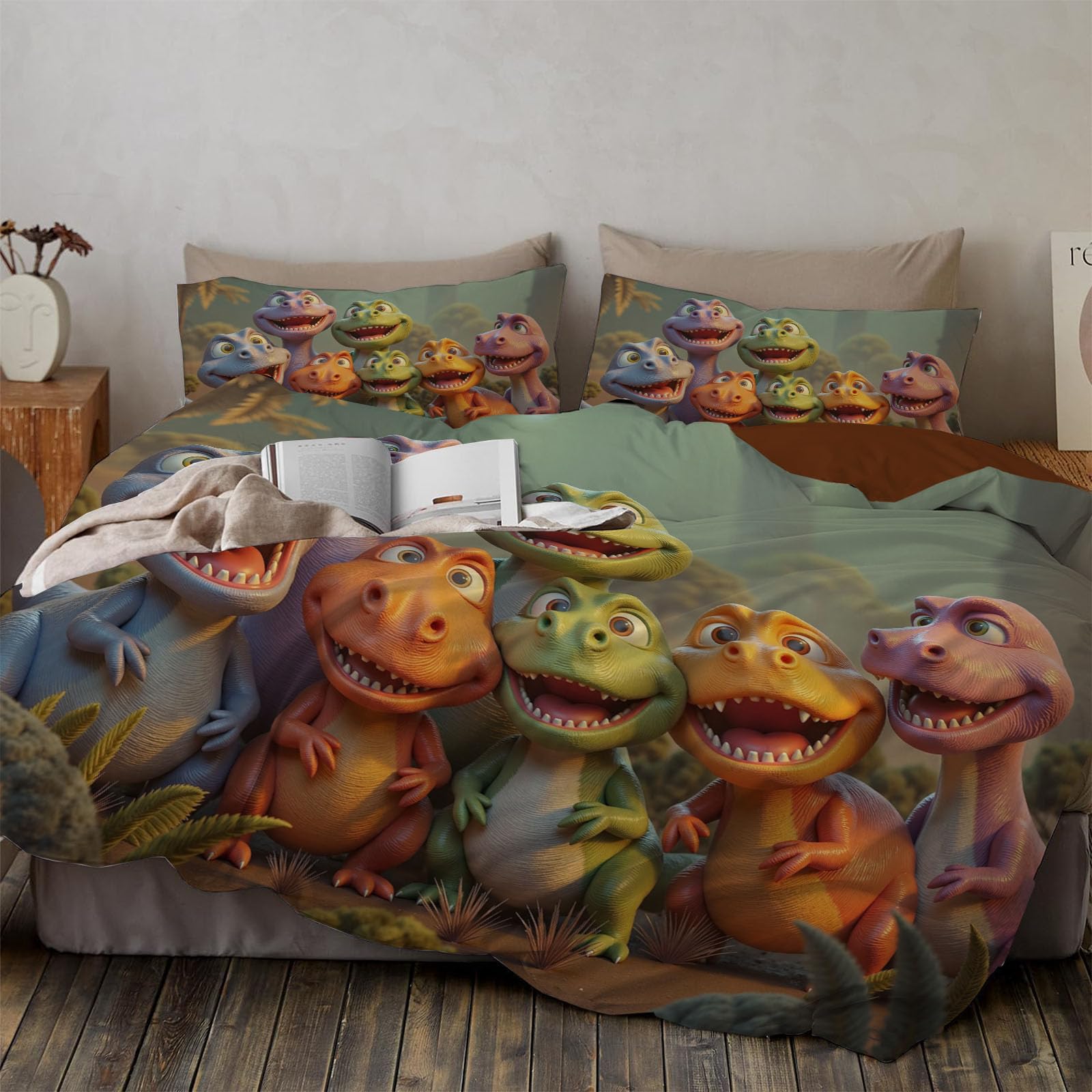 Housse de Couette 240x260cm Dinosaure Parure de Lit 2 Personnes Violette avec Taies