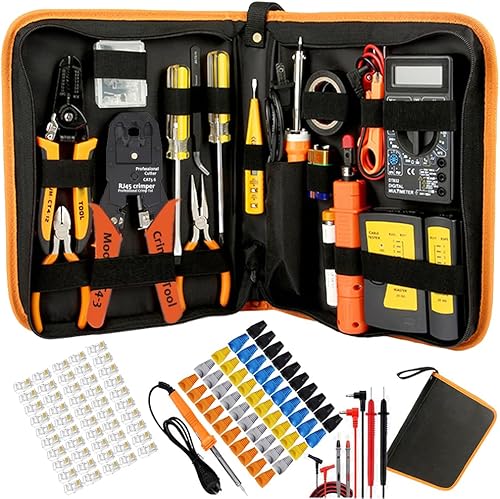 LEATBUY Juego de crimpadoras CAT5 CAT6 RJ45, herramienta de crimpado Cat5e, 50 conectores, 50 cubiertas, probador de cables LAN de red, pelacables