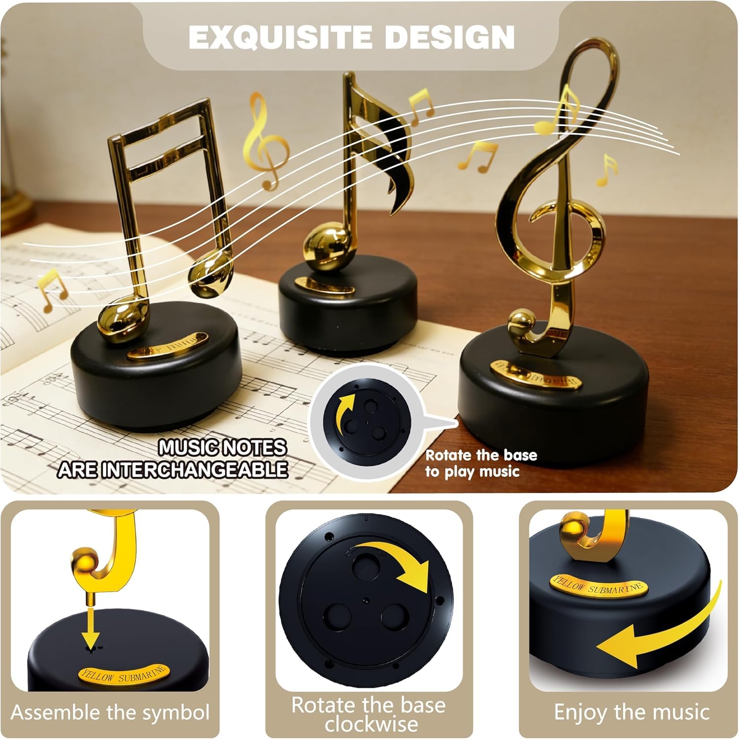 Boîte à musique Note de musique – 3 statues dorées, cadeau décoratif, joue le sous-marin jaune, joyeux anniversaire, son de la musique