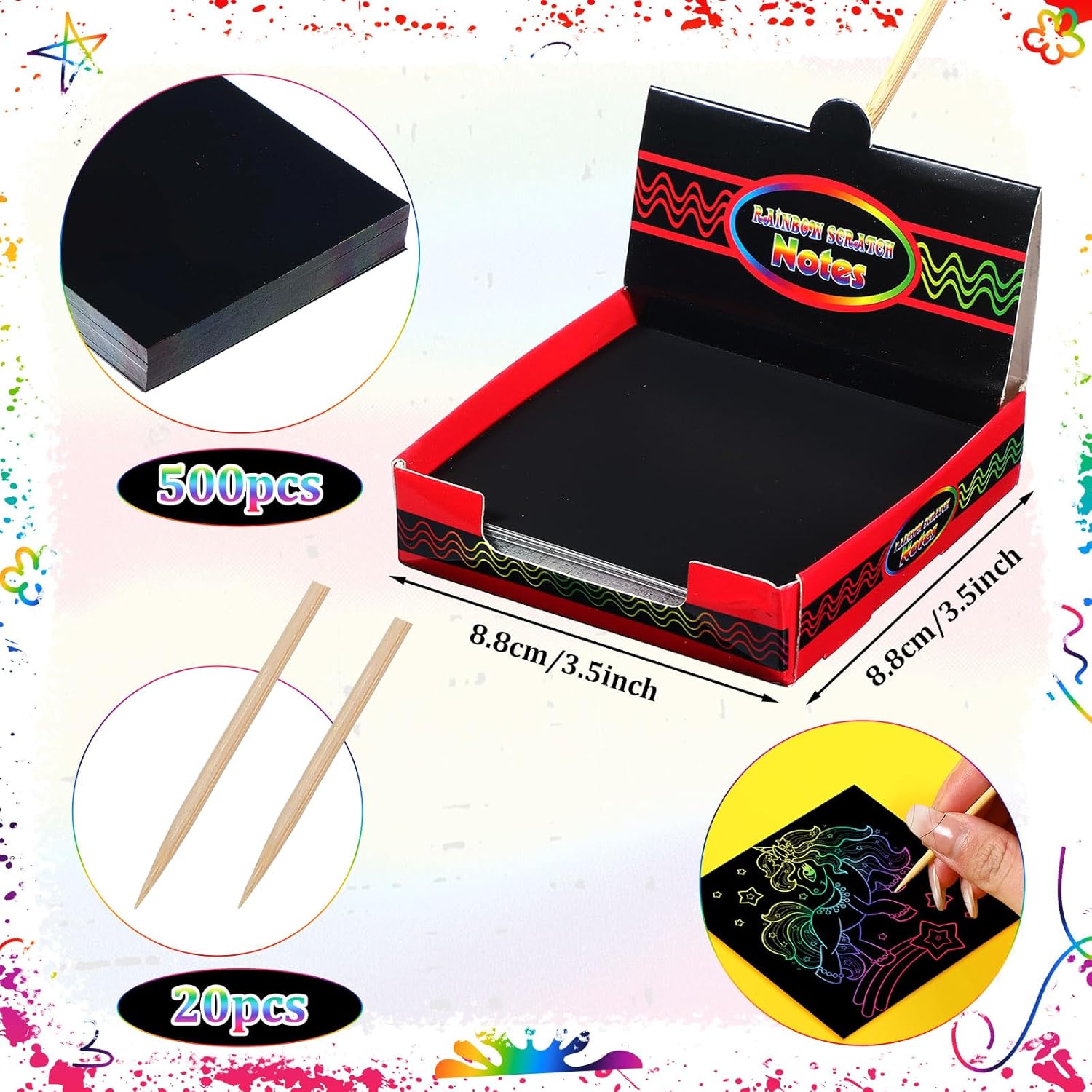 Lenwen Scratch Cards Rainbow Note Scratch Pads with 20 Bamboo Stylus for Adult Paper DIY Paper Craft Kits Birthday Party Favors Supplies(Rainbow,500) - Image 2