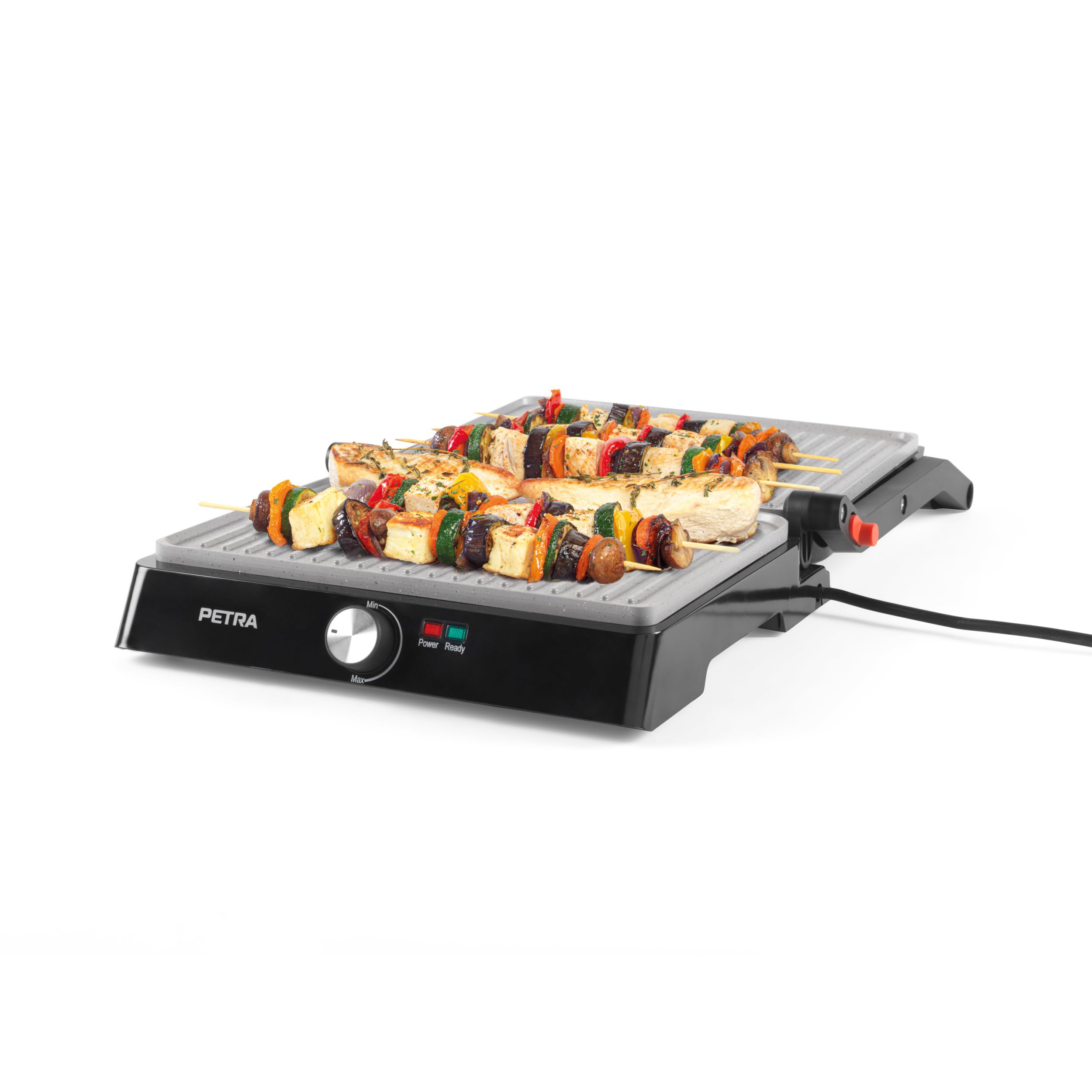 Petra PT4076VDEEU10 Griglia elettrica - Multifunzione presse per panini sandwich, doppia XL 180°, antiaderente, 2 superfici di cottura per verdure, carne e spiedini, non necessita di olio, 2200 W