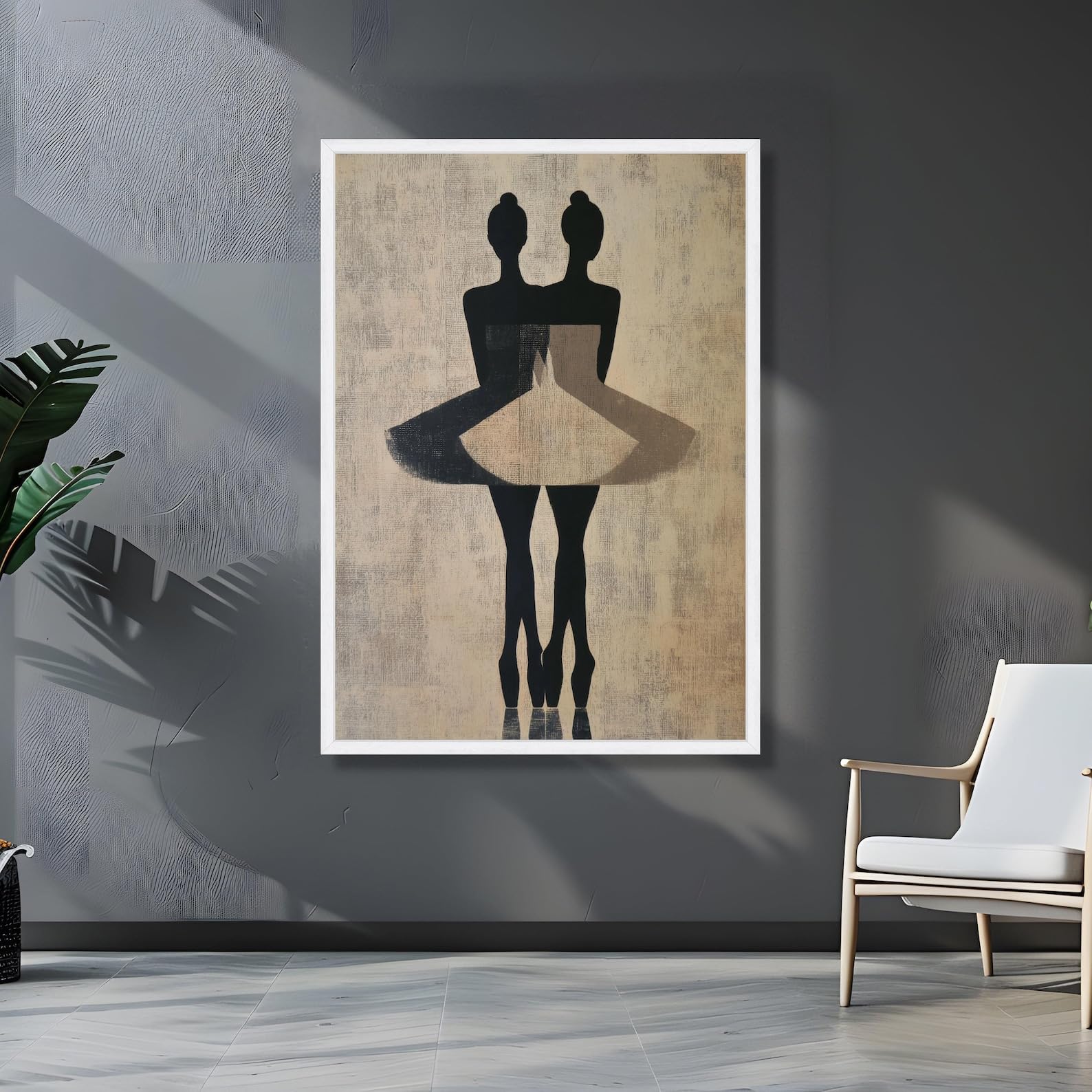 CAOXTART Abstract Ballerina Duo Canvas Oil Painting, Black and Beige Wall Art, Contemporary Dance Posters, Minimalist Canvas(70x110cm/Frameless)