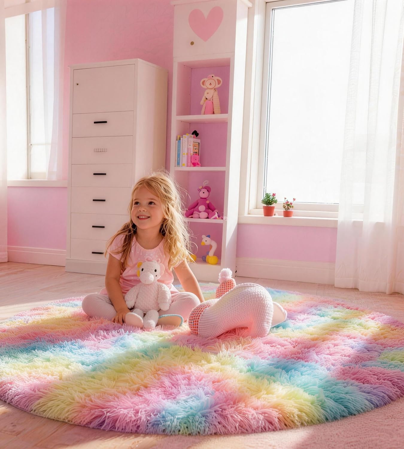 Tapis Rond 120 CM Arc-en-Ciel Tapis Chambre Fille Lavable Antidérapant Ultra-Doux Moelleux Grand