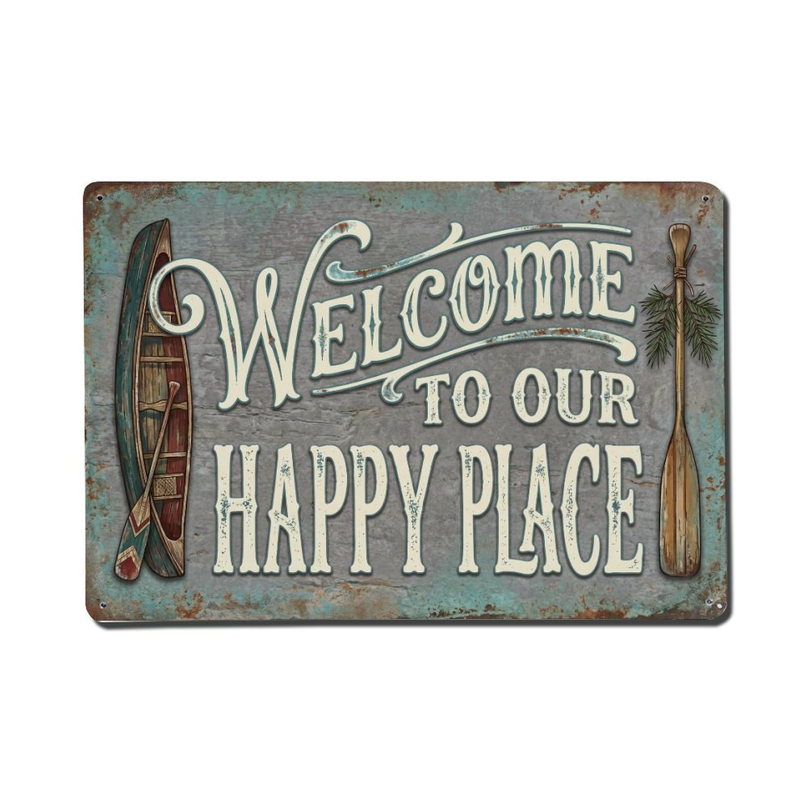 Welcome To Our Happy Place Riverside Deck Metal Tin Sign Plaque Wall Decor for Cafe, Club Bar, Office, Home Garden Metal Poster 8x12Inch