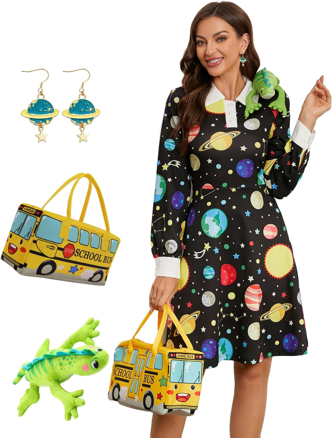 Womens Long Sleeve Peter Pan Collar Aline Dress for Halloween Role Play Party Teacher Costume with Bus Bag