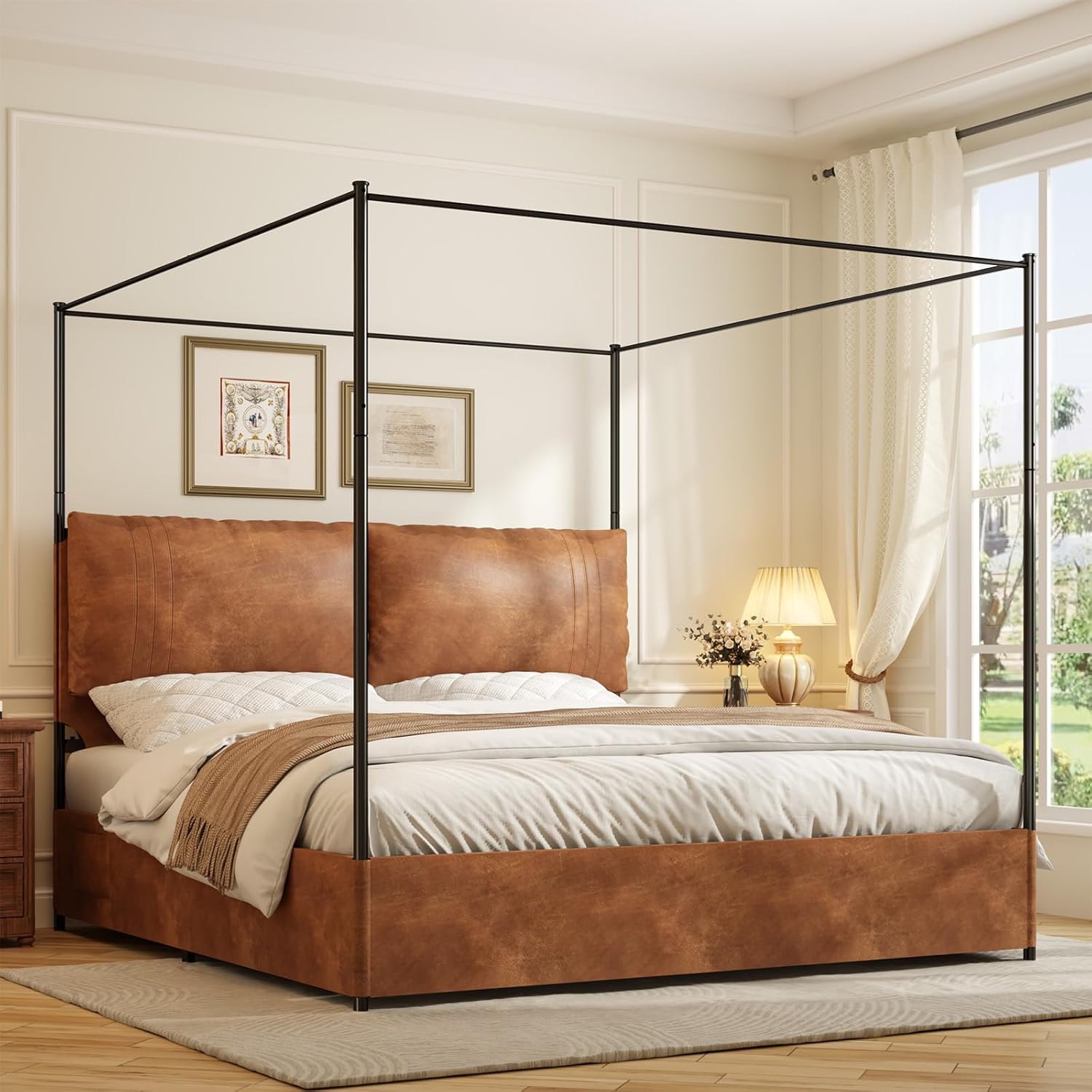 Modern Canopy Bed Frame with Upholstered Faux Leather Headboard – Tall Four Poster Metal Platform Bed, No Box Spring Needed, King Size, Brown and Black