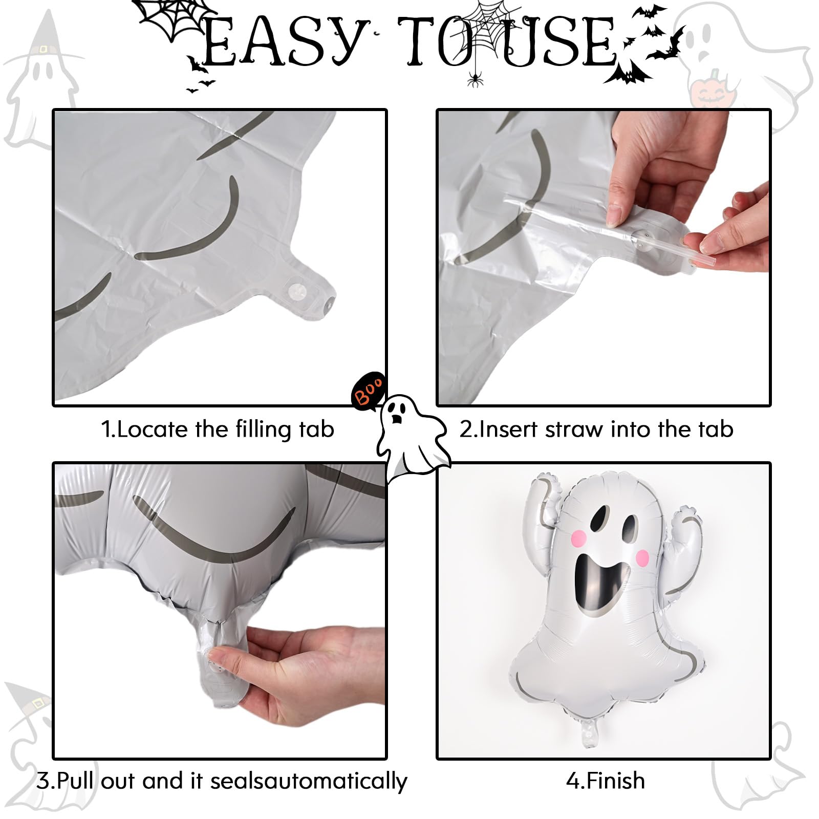 Ghost Balloons Set, XXL White Smiley Face Shaped Mylar Foil Balloons - Image 3