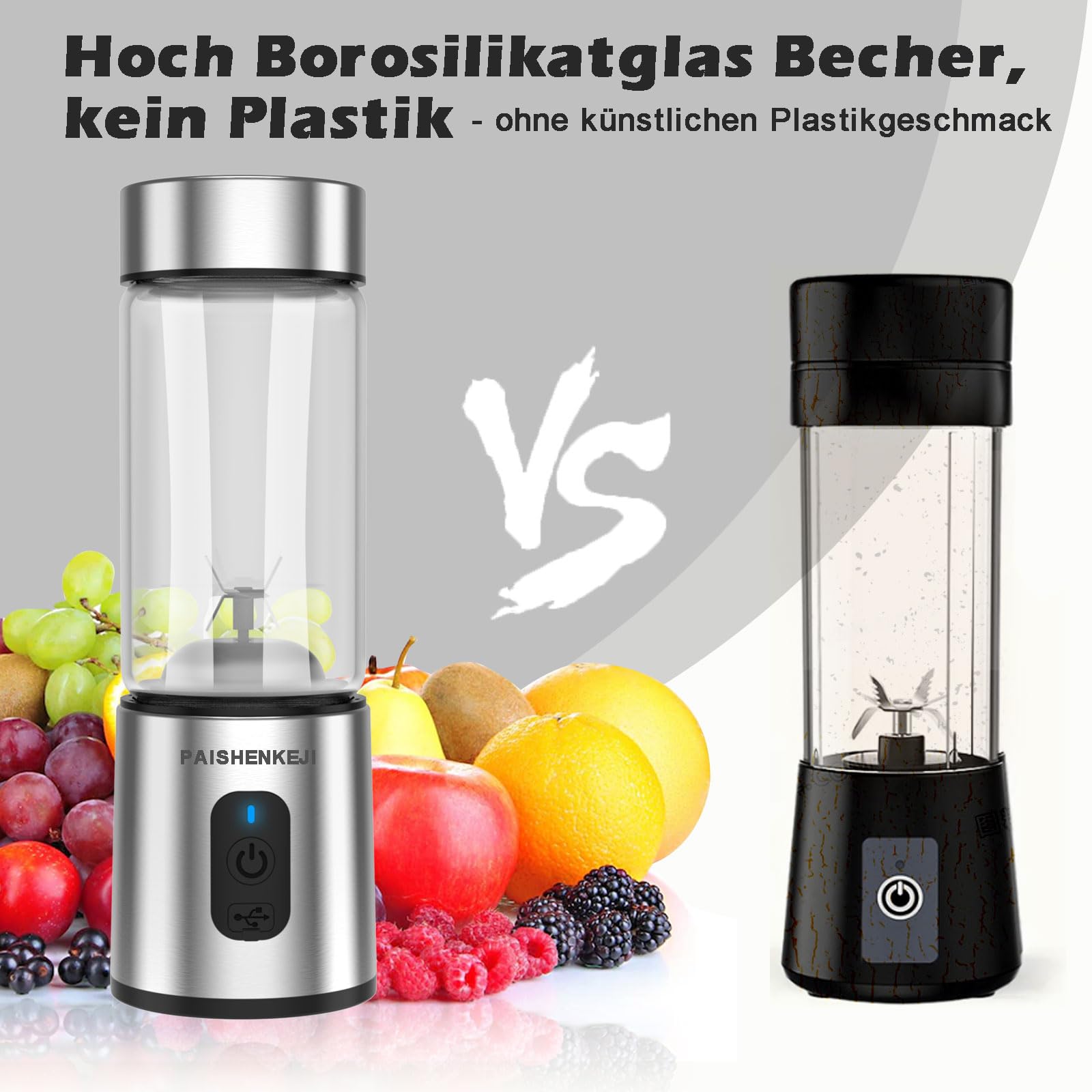 Frullatore portatile in vetro per frullati e frappè: frullatore personale per frullati per tritare ghiaccio e frutta congelata, Mini Blender da 400 ml ideale per frullato di ghiaccio e spremute