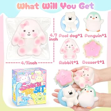 NINAOR Squishy Fidget Toys 4Pcs, Cute Penguin Bunny Pool Dog Squeeze Sensory Toys for Kids Stress Relief Gifts Treasure Box Toys for Classroom Birthday Party Favors Easter Stocking Stuffers for Teens