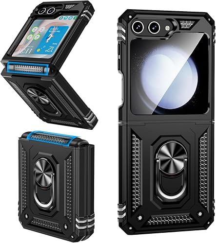 ONOLA Funda para Samsung Galaxy Z Flip 5 con protección de bisagra y soporte magnético de anillo giratorio de 360, funda para teléfono Samsung Z