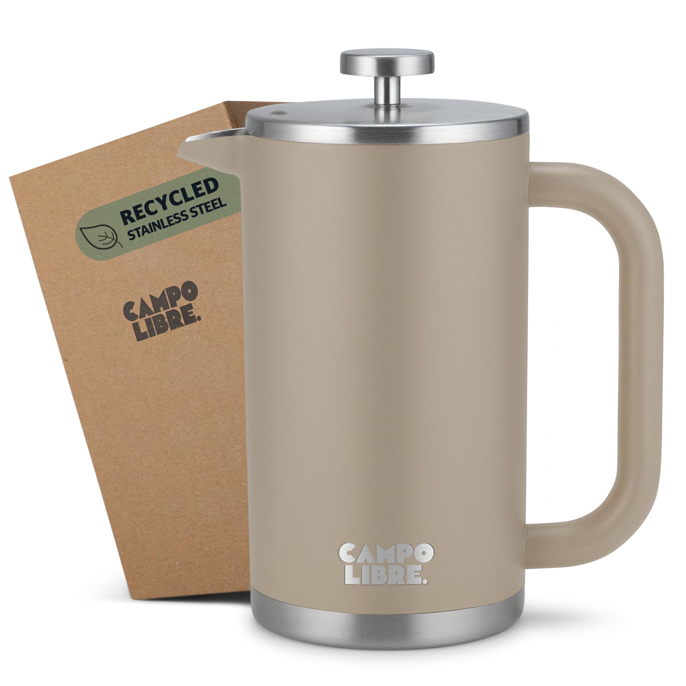 Campo Libre.® Giorgio. French Press, Coffee Press – 1000ml Stainless Steel Cafetiere, Double-Wall Insulated, Plastic-Free, Thermal Coffee Maker with Spare Filter – Dishwasher safe - Recycled Steel.