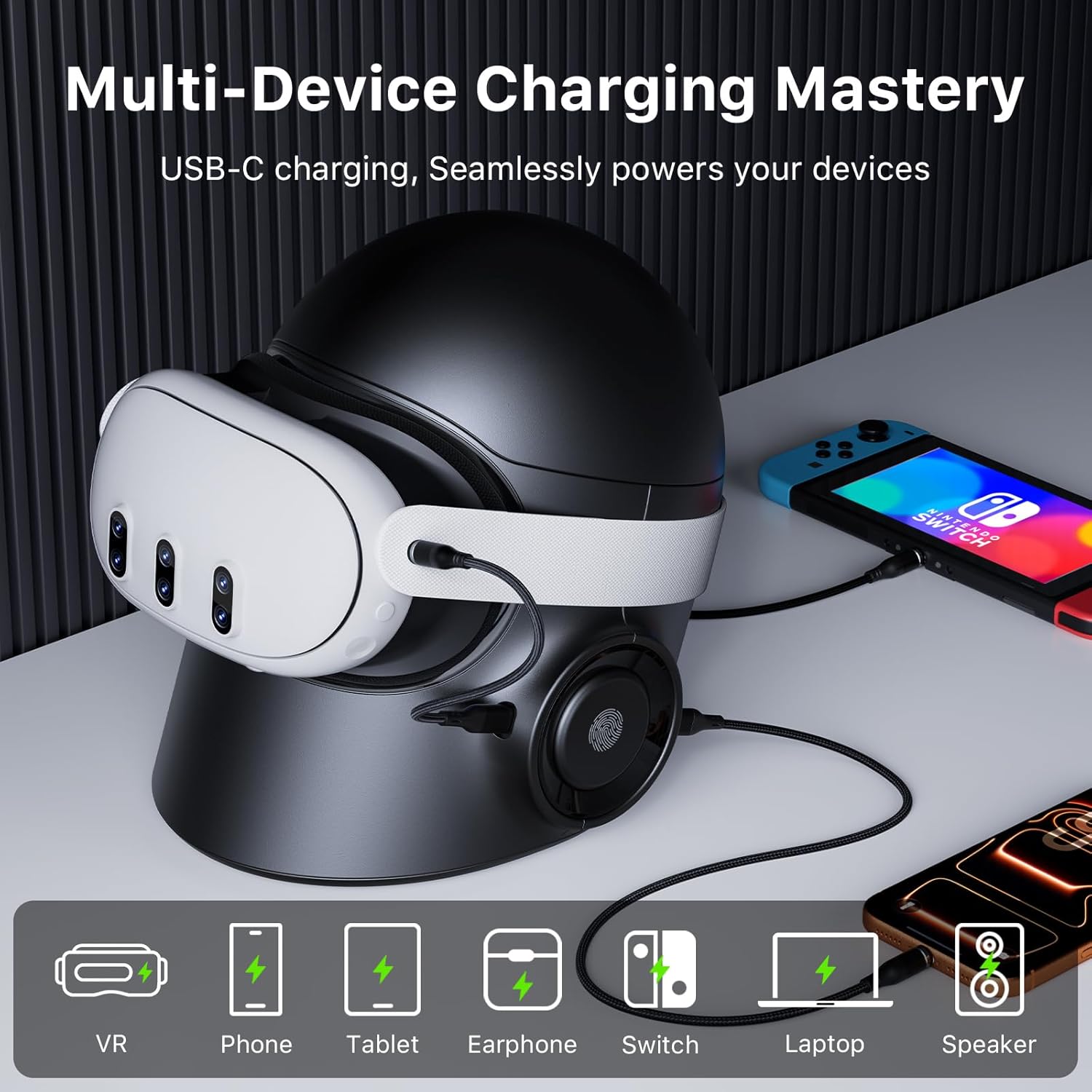 Aubika 3 in 1 VR Charging Station -Hidden Storage & RGB Light,Desktop Organizer​,Wide Compatibility for Meta Quest 3/3S/Pro/2, Meta Quest Accessories,Black