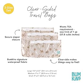 Bumkins Travel Bag, Toiletry, TSA Approved Pouch, Zip Bag, Quart Size Airline Compliant, Clear-Sided, Baby, Diaper Bag Organization, Makeup, Accessories, Packing, Set of 3 Sizes, Palm Trees