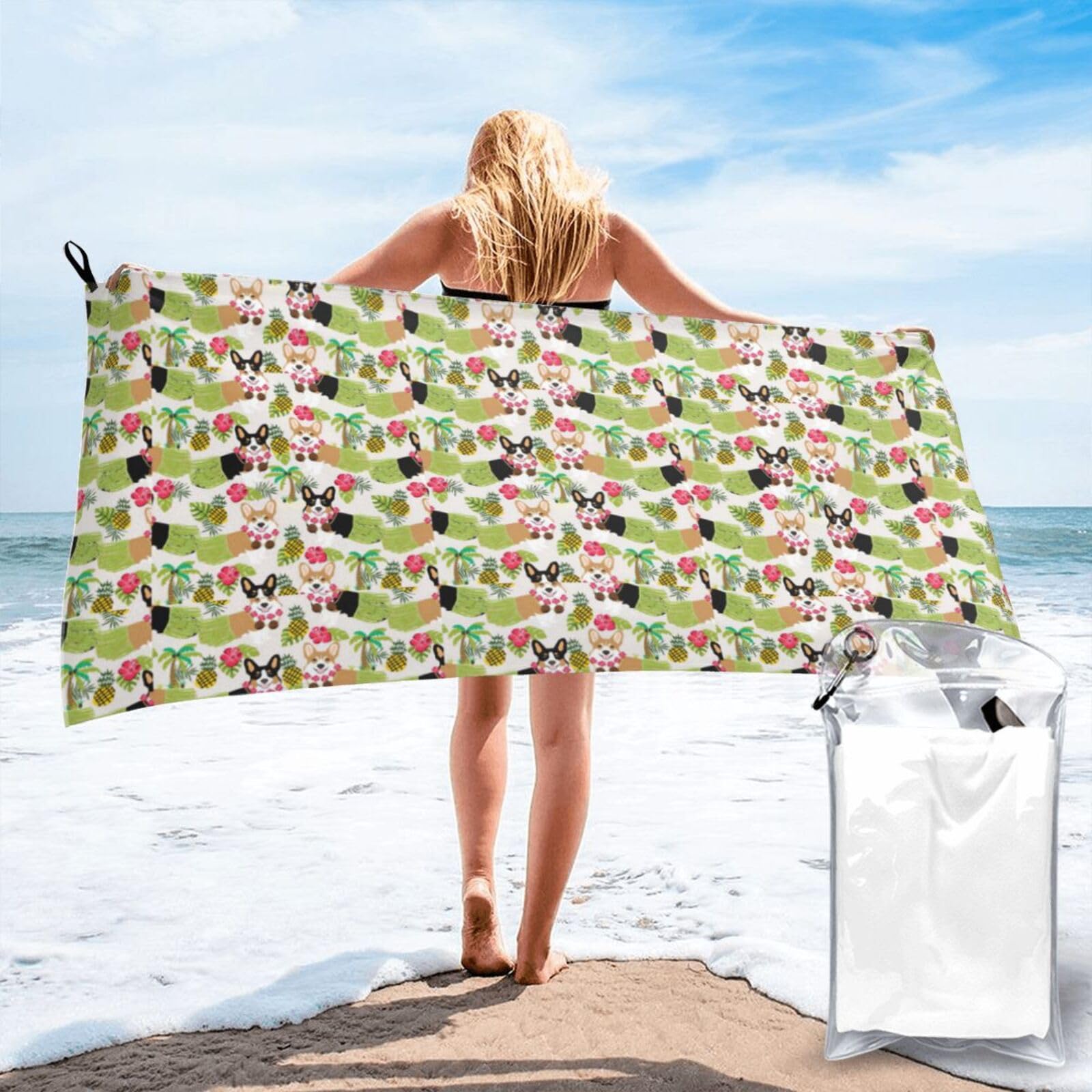NImongt Corgi Hawaiian Tropical Summer Pineapple Print Adult Towel Travel Gym Beach Hiking Yoga Camping Lightweight Quick Dry Versatile
