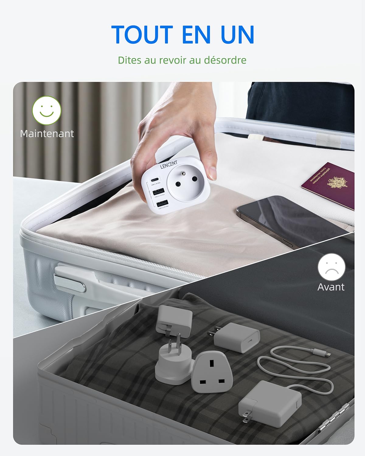 LENCENT Adaptateur Prise USA Américaine Canada Mexique Thaïlande Adaptateur de Voyage 2 Ports USB et 1 Port USB-C adapté aux États-Unis, Adaptateur électrique Mâle USA/Femelle France, Type B