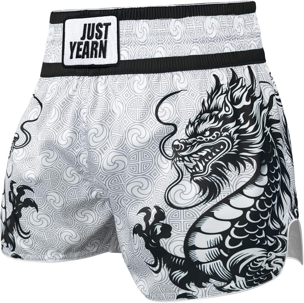 JUST YEARN Muay Thai Boxing Shorts, Traditional MMA Kickboxing Workout Trunks for Men and Women, High Mobility Training Gear