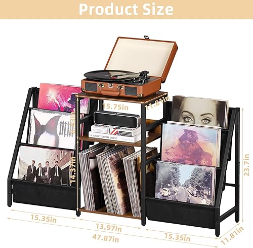 Miniatura 3 de LELELINKY Mesa auxiliar negra, soporte para tocadiscos con almacenamiento de vinilo, mesa auxiliar de 3 niveles con estante de exhibición de