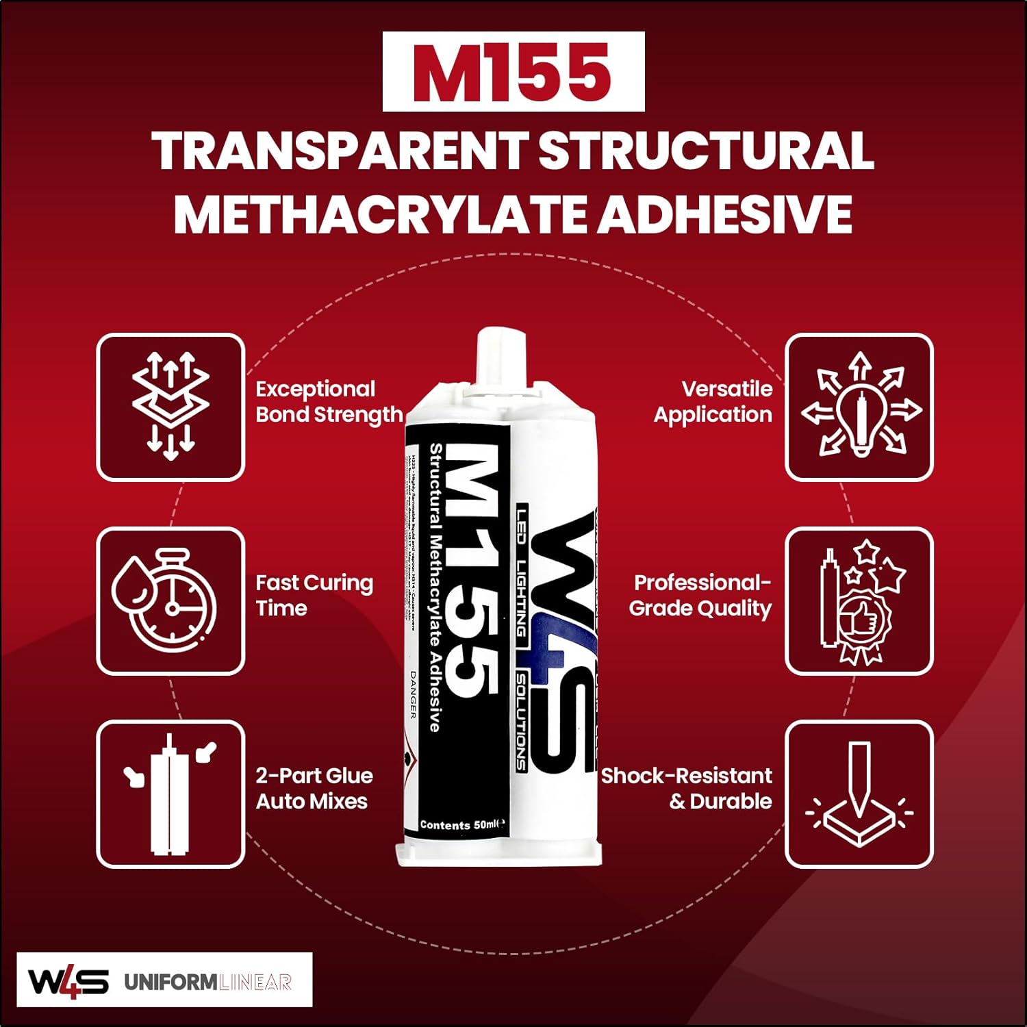 Wired4Signs Methyl Methacrylate Adhesive | Metal Glue Heavy Duty, 100% Clear Cure, Use as Metal Repair Adhesive Boat Repair Glue, MMA Adhesive-M155 (5X 50ml)