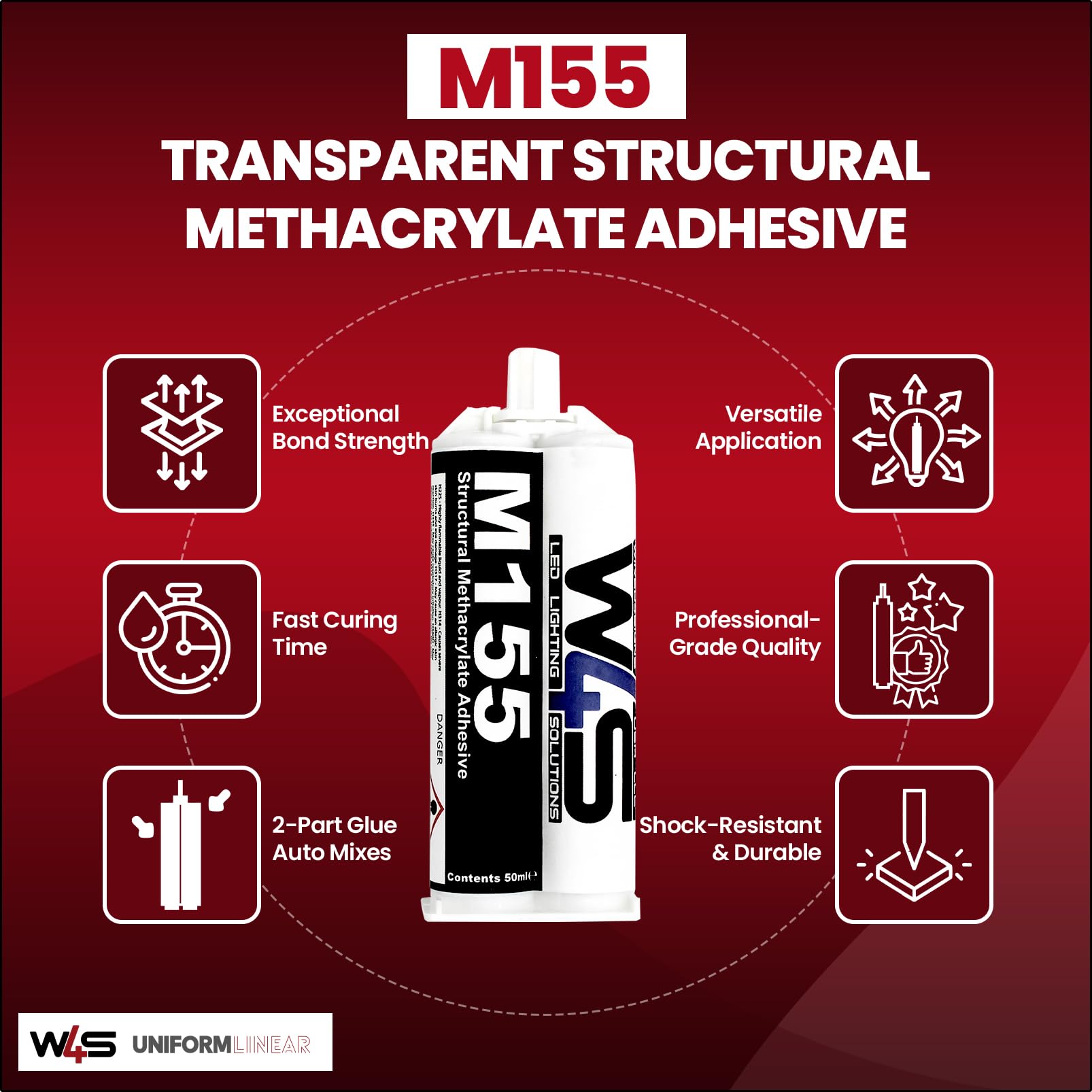 Wired4Signs | Clear 2-Part Methacrylate Adhesive with Mixer/Dispenser | MMA-M155-50ml (50ml/1.7fl oz 1:1 Mix) | Strong Weld for Multiple Applications - 2 Pack