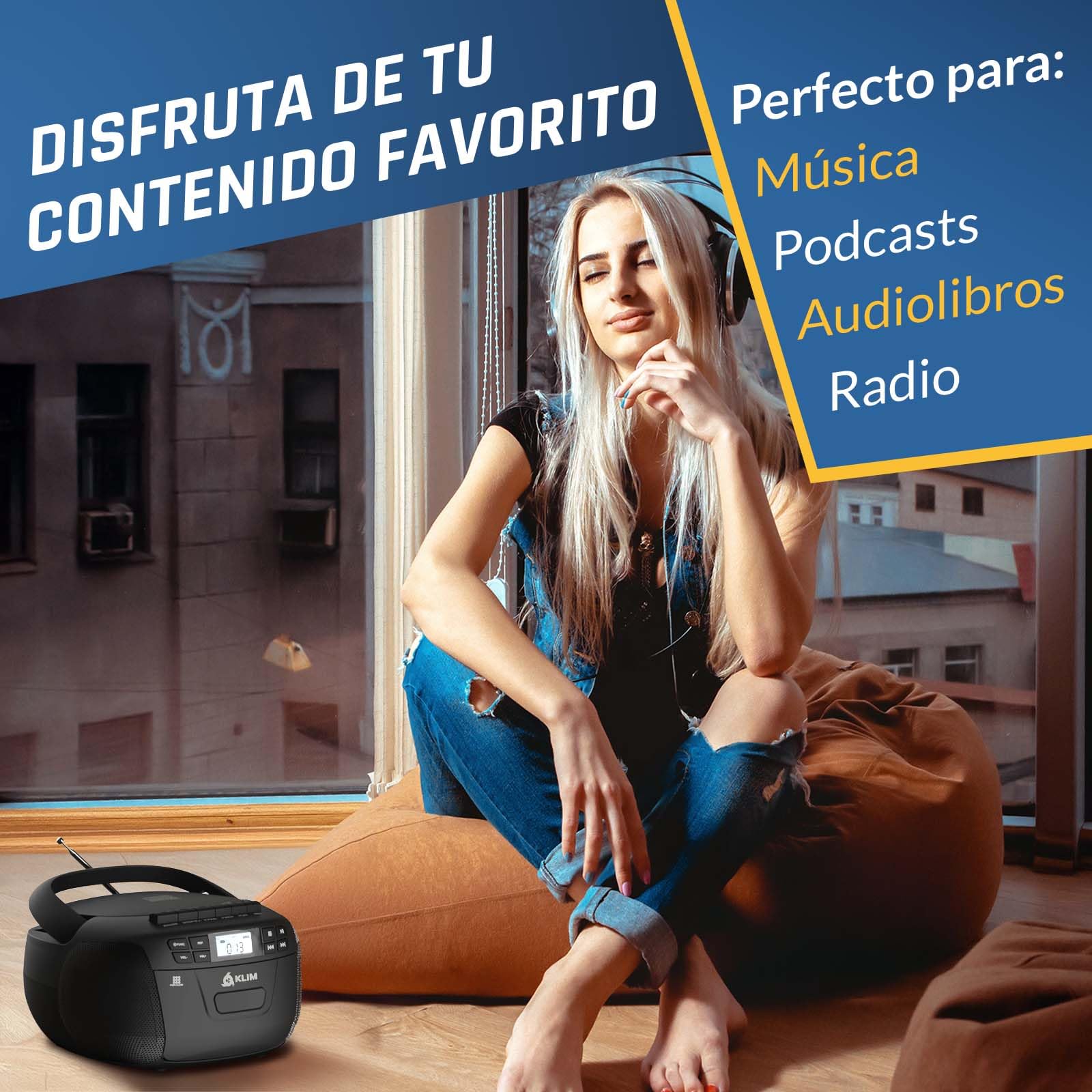 KLIM CD Player + Reproductor Cassette, Am/FM Radio y Bluetooth, Control Remoto, Radio Cassette y Grabación en Cinta, USB, AUX, Reproductor CD con Sonido Estéreo