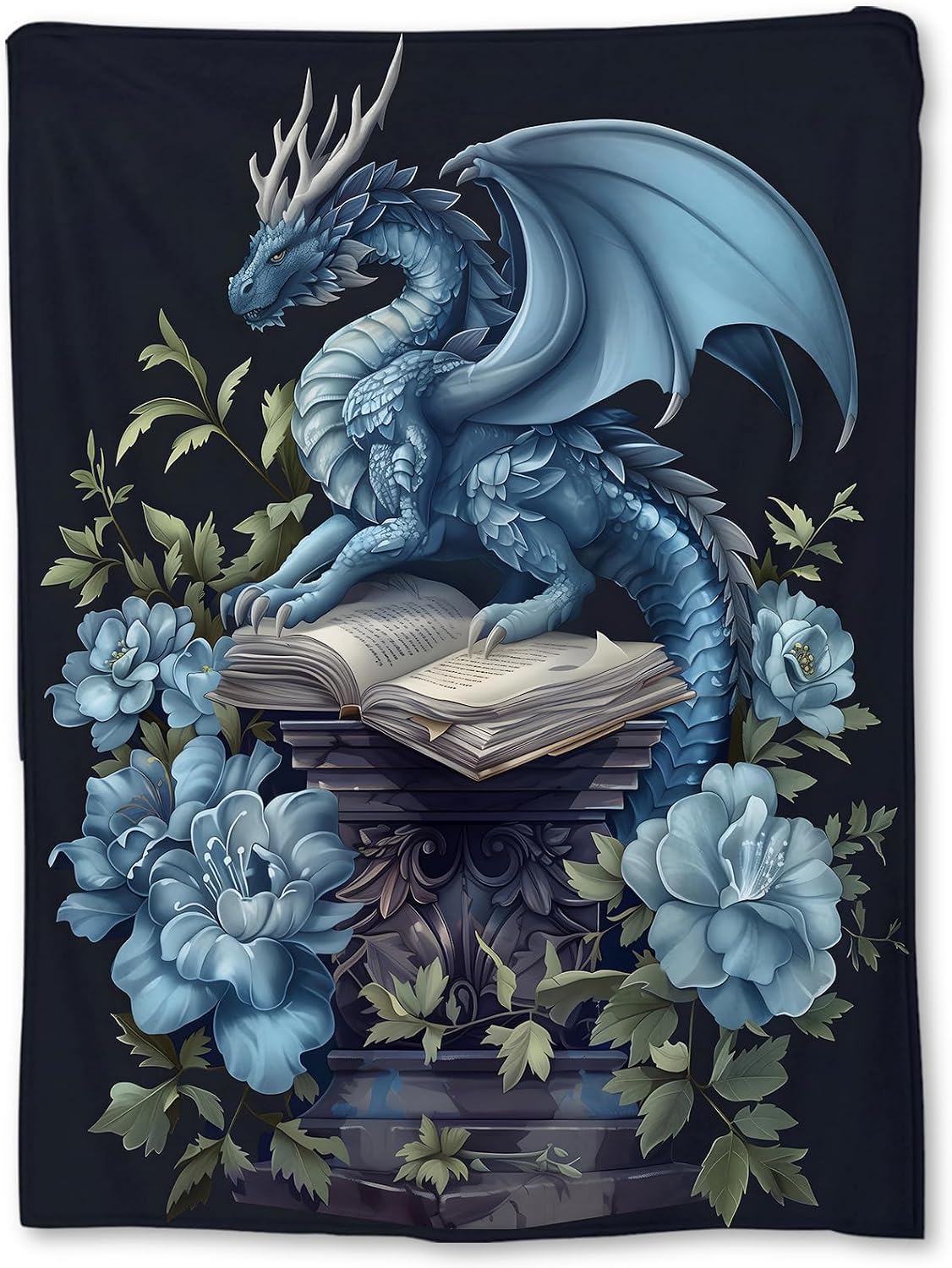 Fantasy Dragon Book Blanket Gifts, Flannel Throw Blanket with Flowers for Couch, Bed, Travel & Decor, Cozy Lightweight Warm Animal Blankets for Adults Women Book Lovers 60×50 in