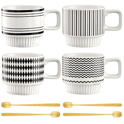 Set of 4 Ceramic Espresso Cups, 12 oz Cappuccino Cup with Spoons Stackable Tea Cup Set Espresso Coffee Cup Modern Geometric Black White Small Cafe Ice Coffee Mug Mocha Latte Tea Cups Christmas Gifts