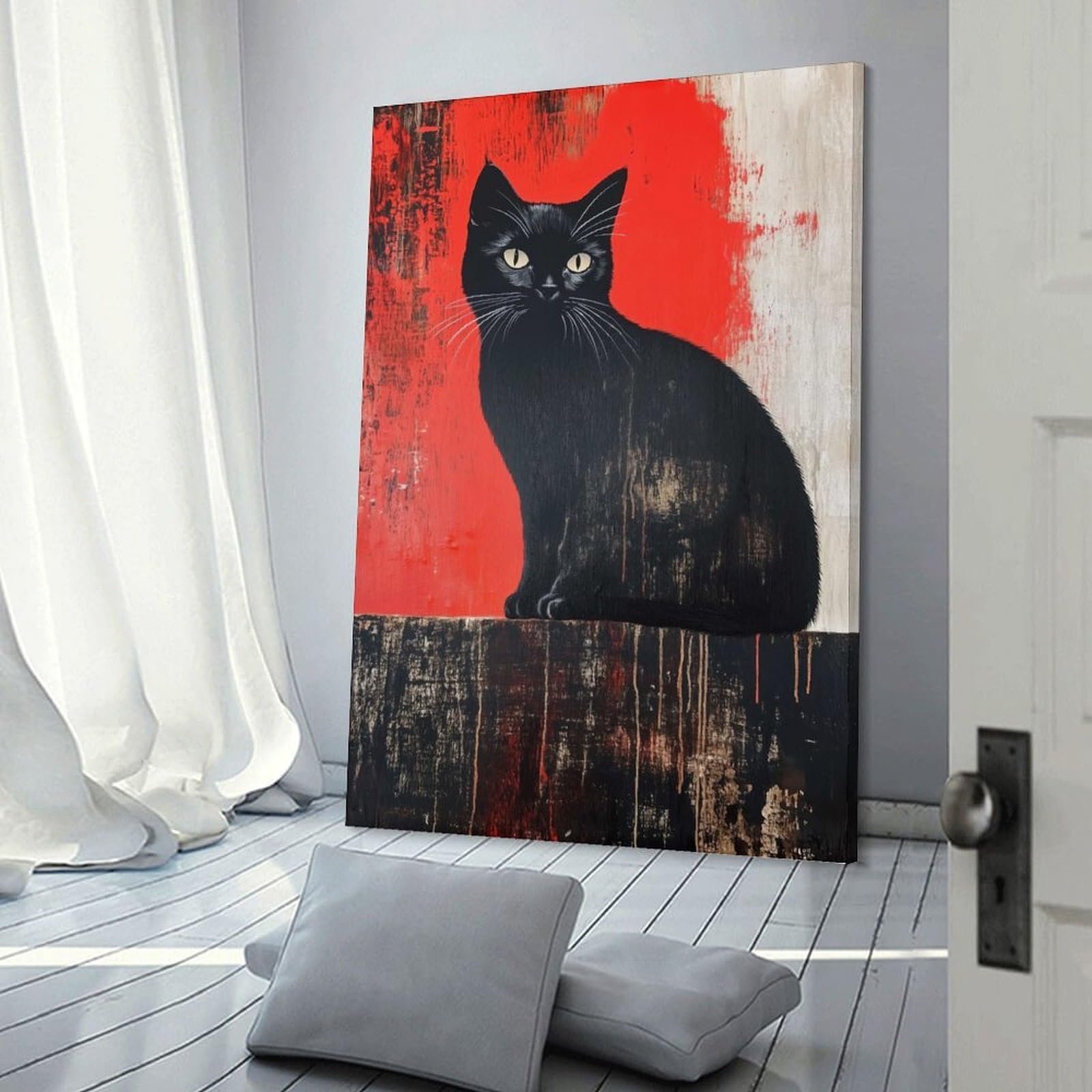 Junmoney Black Cat on Red Background Room Decor Wall Art, 20x30inch(50x75cm), for Hallway, Lounge Or Guest Room, Gift Idea for Housewarming And Birthdays