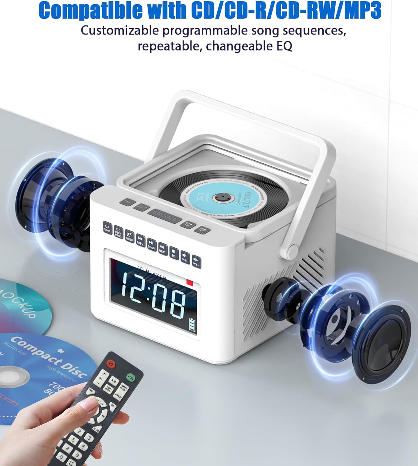 Greadio CD Player showing internal speakers and a CD being played, with a remote control in hand.