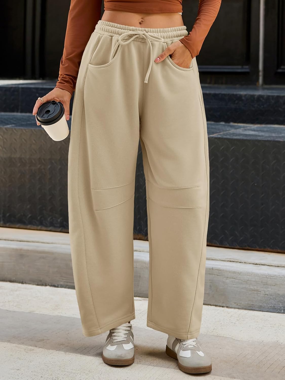 Fisoew Womens Barrel Leg Sweatpant Drawstring Elastic Waisted Wide Leg Pants Casual Active Pants with Pockets - Image 2