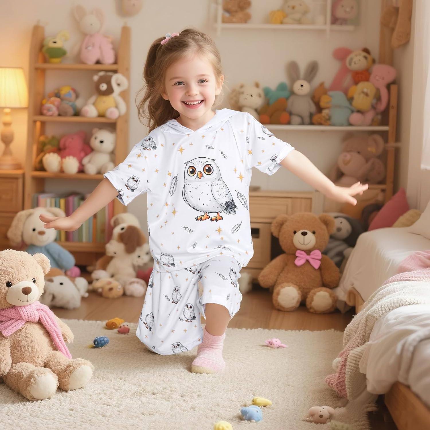 Snowy Owl Boy and Girl Short Sleeve Kids Clothes, Children's Summer Set, Cute Cartoon, Comfortable Fit
