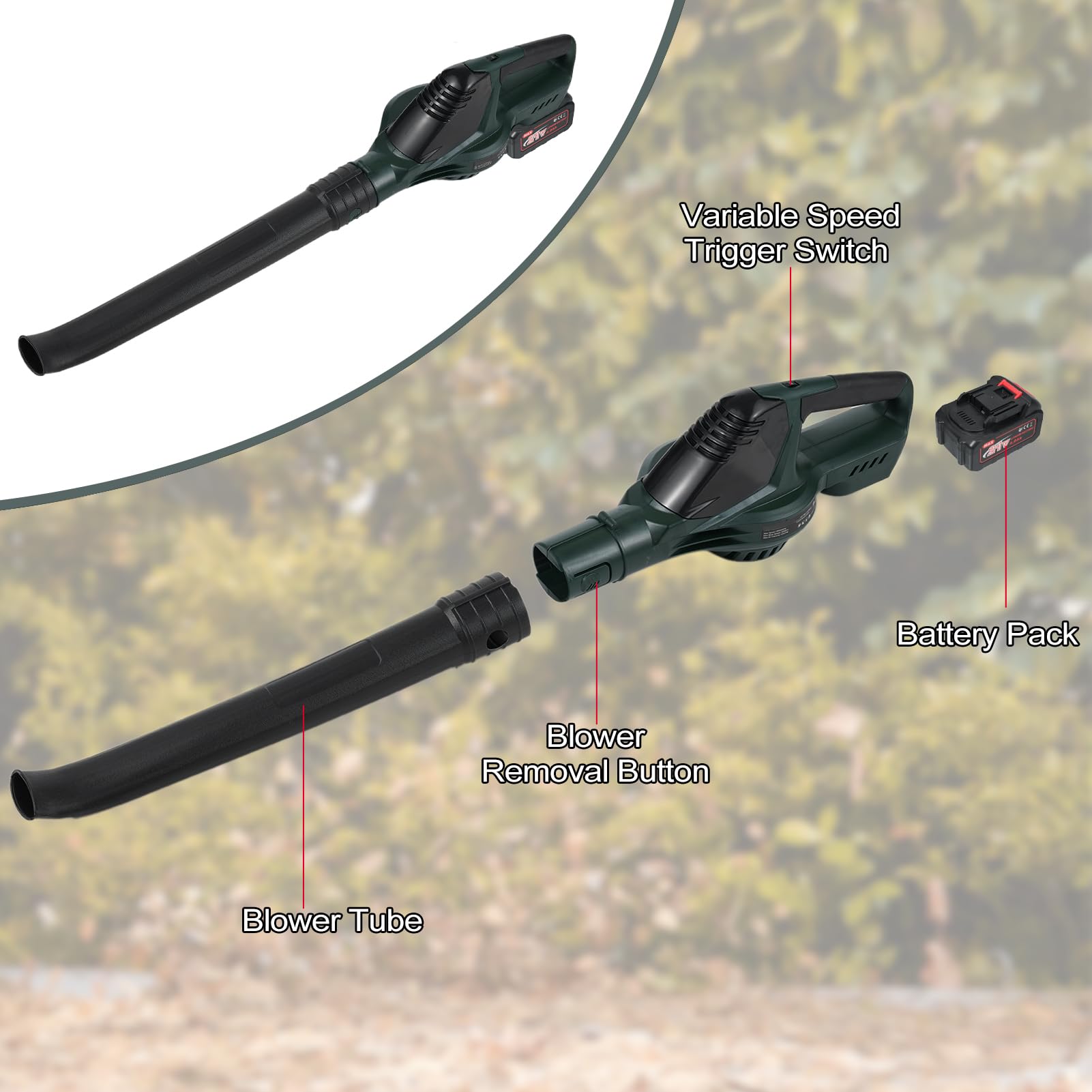 Soffiatore per foglie 120CFM/100MPH Soffiatore per foglie elettrico 21V Alimentato a batteria 5 modalità di velocità Adatto per la cura del prato Pulizia del garage del marciapiede del cortile