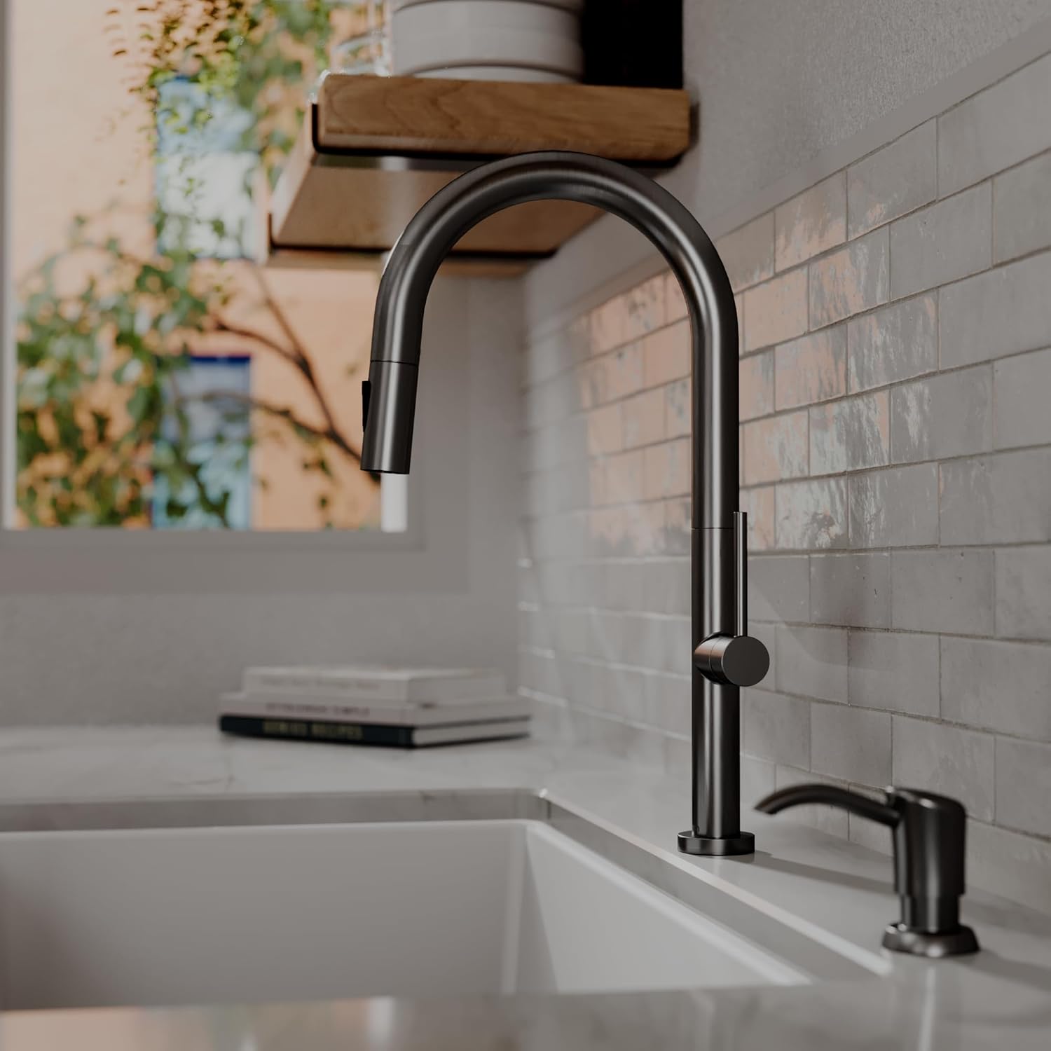 Karran Brynford Single-Handle Pull-Down Kitchen Faucet– 2-Function Spray Head, High-Arc Spout, Modern 25mm Thin Profile, Spot-Free Finish, 26½″ Braided Retractable Hose (Spot Free Gunmetal Grey)