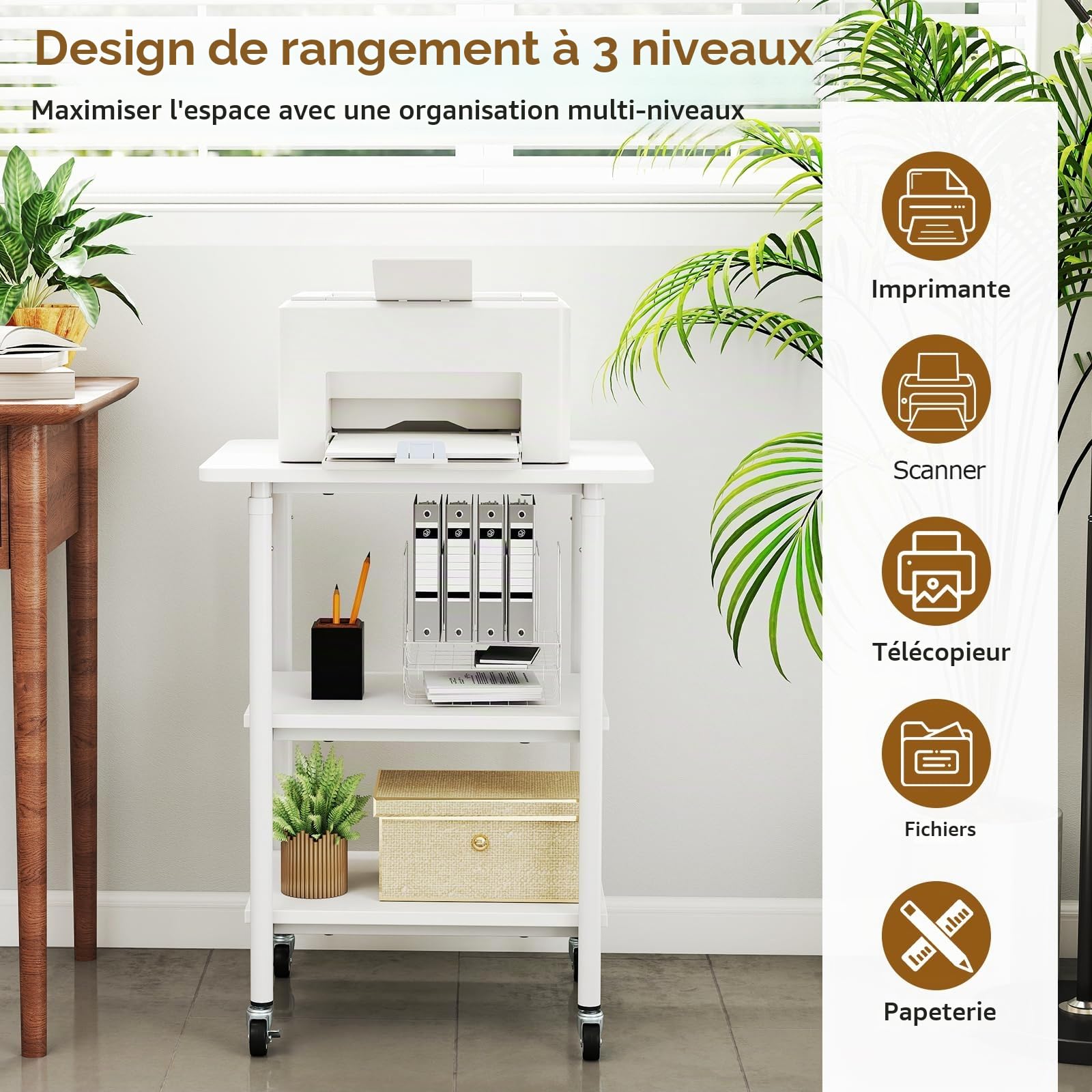 HOMASIS Meuble Imprimante à 3 Niveaux, Hauteur Réglable, Support Imprimante avec Rangement, Table Mobile Industrielle avec Étagère, Roues Verrouillables pour Télécopieur, Machine et Scanner (Blanc)