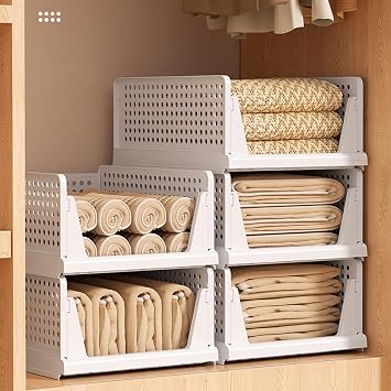 4 Pack Stackable Wardrobe Storage Organiser, Plastic Wardrobe Shelves