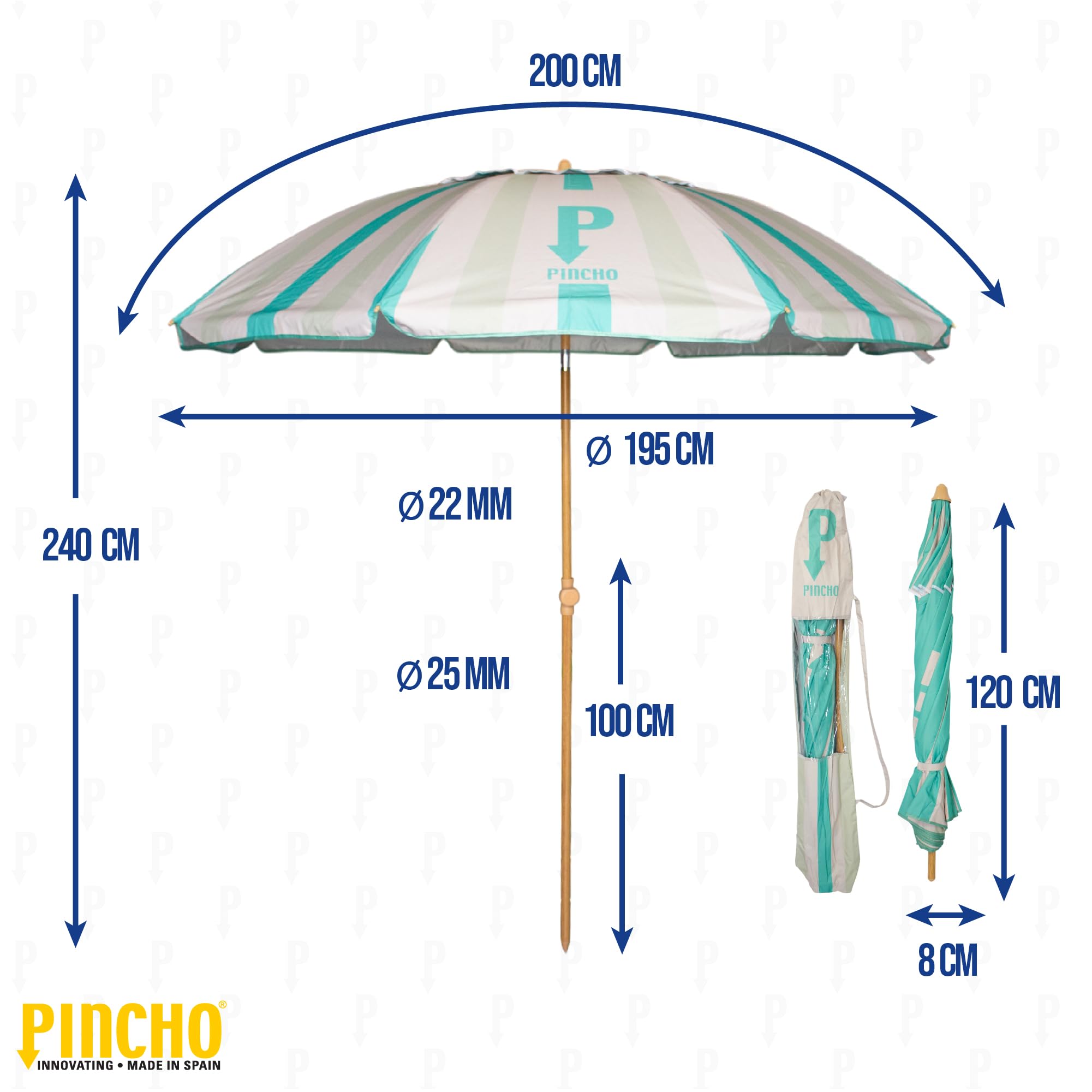 Pincho Sombrilla Playa Grande Familiar 200 cm, Sombrilla Playa Anti Viento UV50 Inclinable con Ventana, Soporte Anclaje y Bolsa Transporte, Tubo Aluminio Oxford, 8 Varillas Flexibles Fibra Vidrio