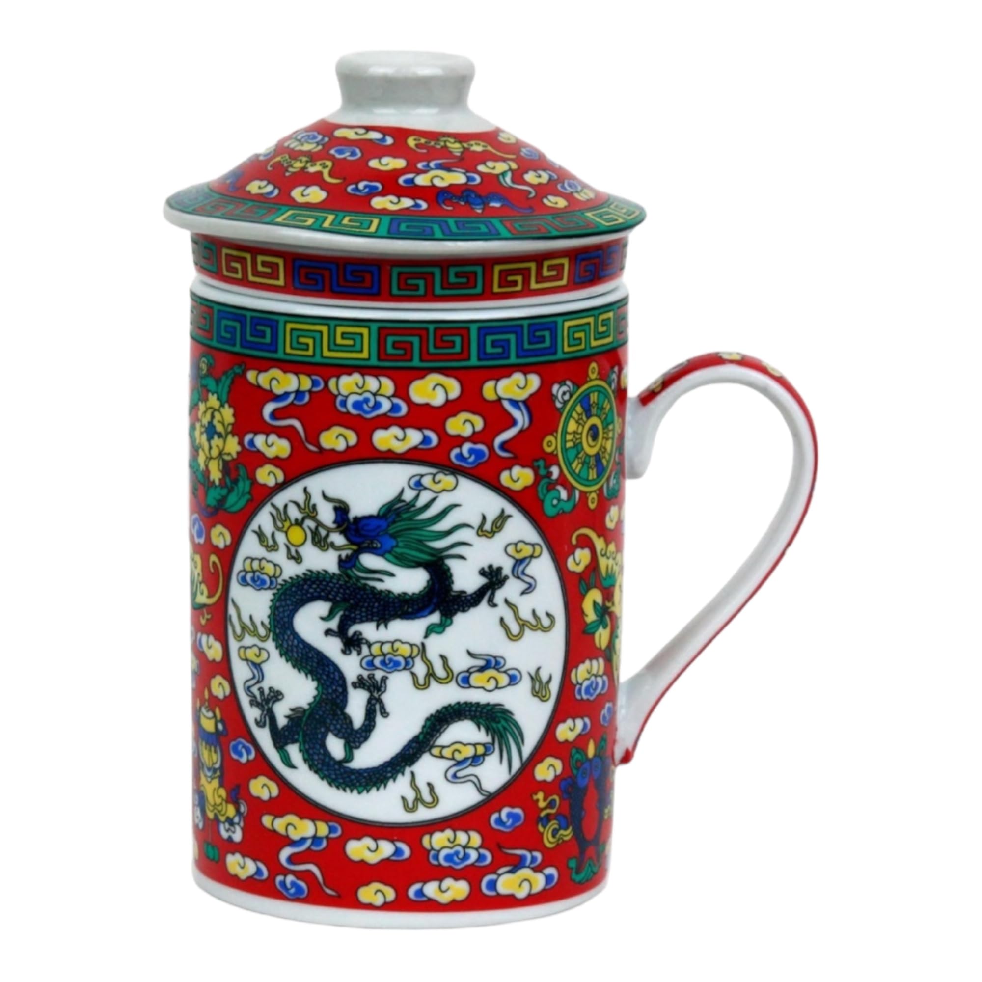 Keramik Teetasse mit Deckel + Sieb für Losen Tee mit Asiatischem Motiv Japanische Chinesische Tasse Für Teeliebhaber, Porzellan Kaffee Geschenk Set Asien Asia Becher Haferl (Roter Dracher)