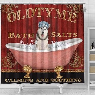 Alaskan Malamute Dog Shower Curtain, Alaskan Dog Oldtyme Bath Salts Calming and Soothing Shower Curtain, Bathroom Decor Polyester Fabric Bath Curtains with Hooks