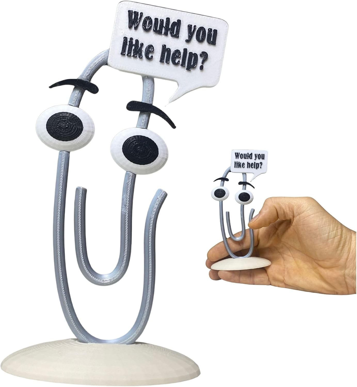 Retro Paperclip Assistant Statue – Nostalgic 90s Office Desktop Mascot – Funny Corporate Humor Geek Figurine – 3D Printed Metallic Silver Paper Clip Meme Art Decor