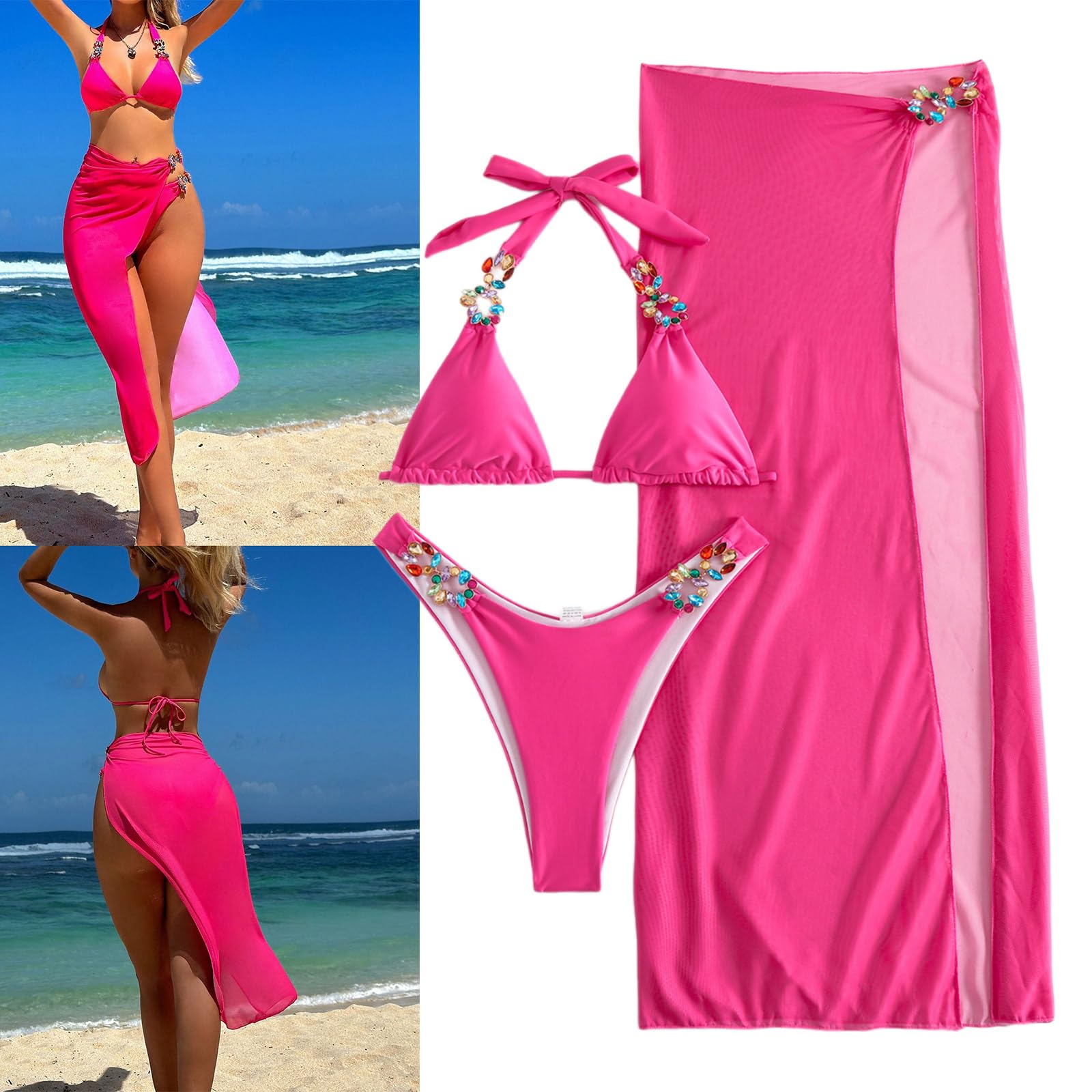 Conjunto de 3 bikinis triangulares para mujer con bikini envolvente de playa, bikini de cuello superior e inferior, trajes de baño de bikini