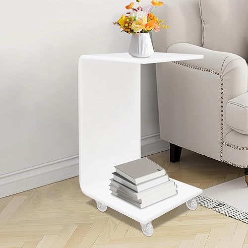 Miniatura 5 de Mesa auxiliar moderna de acrílico en forma de C con ruedas, mesa de noche con ruedas de 2 niveles para sala de estar, mesa auxiliar blanca lechosa,