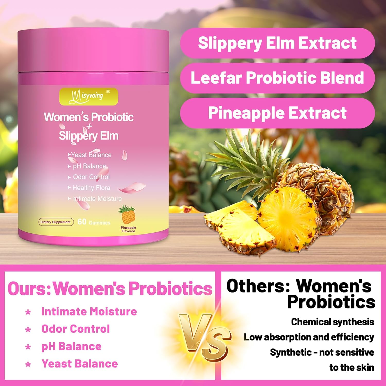 Her Juicy Feminine Probiotics Gummies for pH Balance - Slippery Elm, Lactobacillus Blend - Gut & Immune Support - Pineapple Gummies, 60 Count (Pineapple) - Image 3