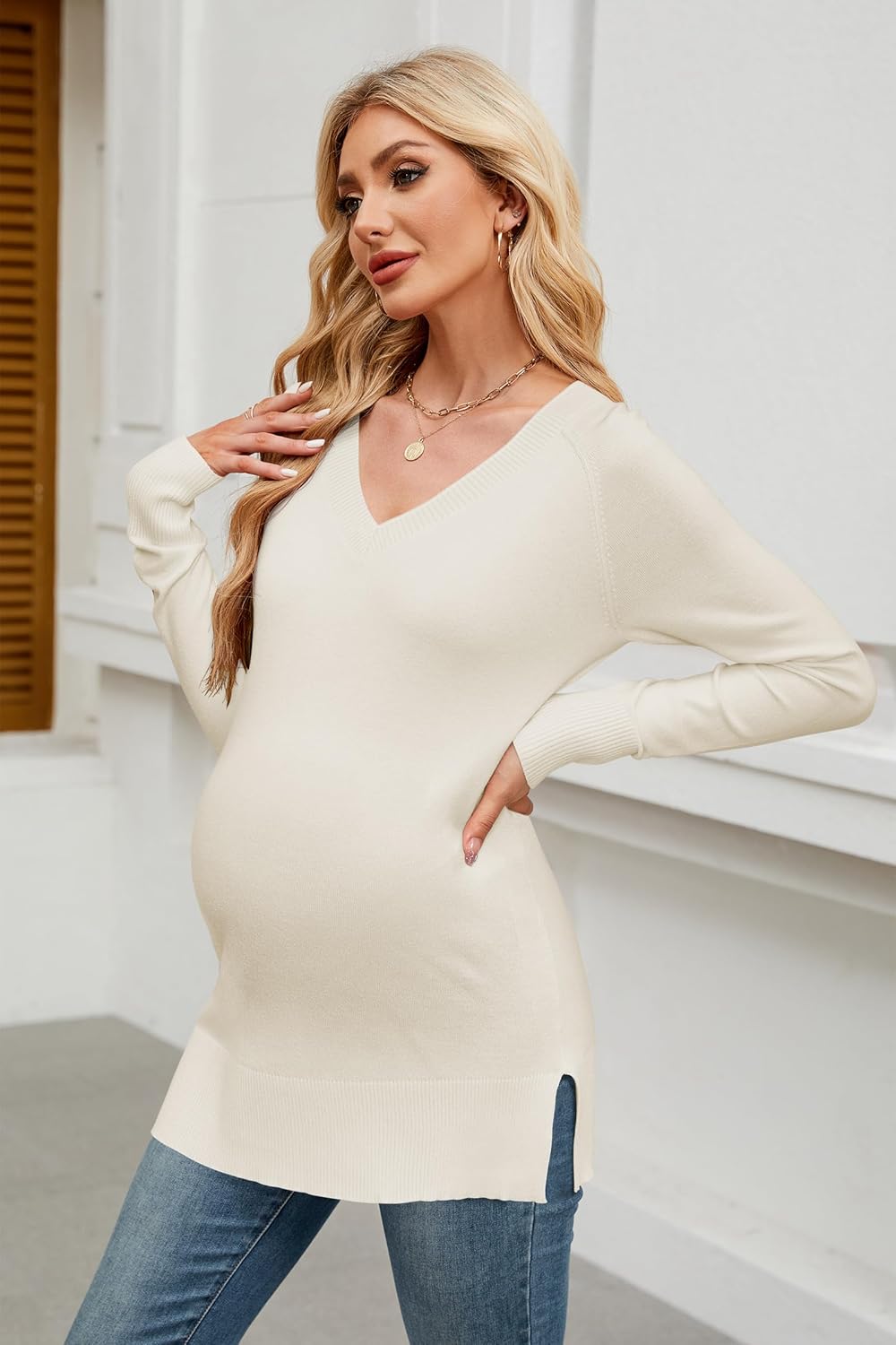 OUGES Women's Sweaters Split Side Long Sleeve V Neck 2025 Fall Maternity Clothes Ribbed Knit Trendy Pullover Tops - Image 5