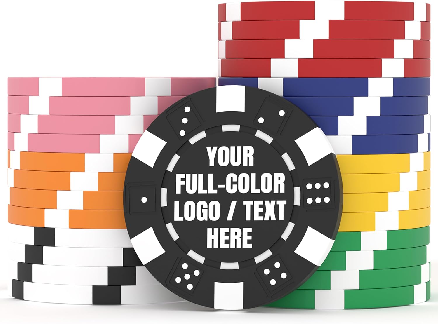 50-500 Personalized Custom Poker Chips – Full Color Printed 11.5 Gram Dice-Striped Chips with Logo or Text for Poker Nights, Bar Tokens, Giveaways, Business Promotions