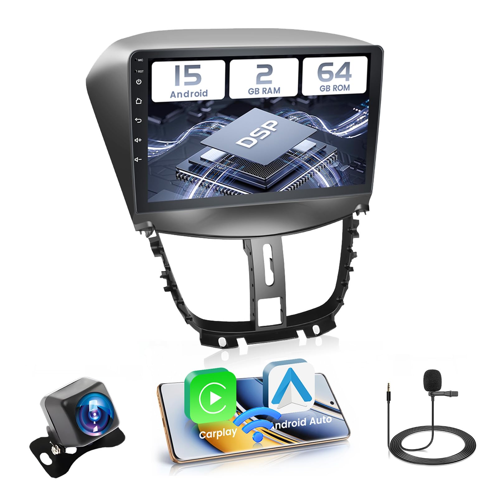 2 64GB Android Autoradio Wireless Carplay pour Peugeot 207 2006-2015 Écran Tactile 9 Pouces Bluetooth Poste Radio Voiture avec GPS, Android Auto, Caméra de Recul, FM RDS Radio, WiFi, EQ