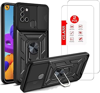 for Samsung Galaxy A21S Case with [2 Pack] Tempered Glass Screen Protector, for Galaxy A21S Heavy Duty Armor [Military-Grade] Protective, for A21S Lens Protects Magnetic Kickstand Phone Case