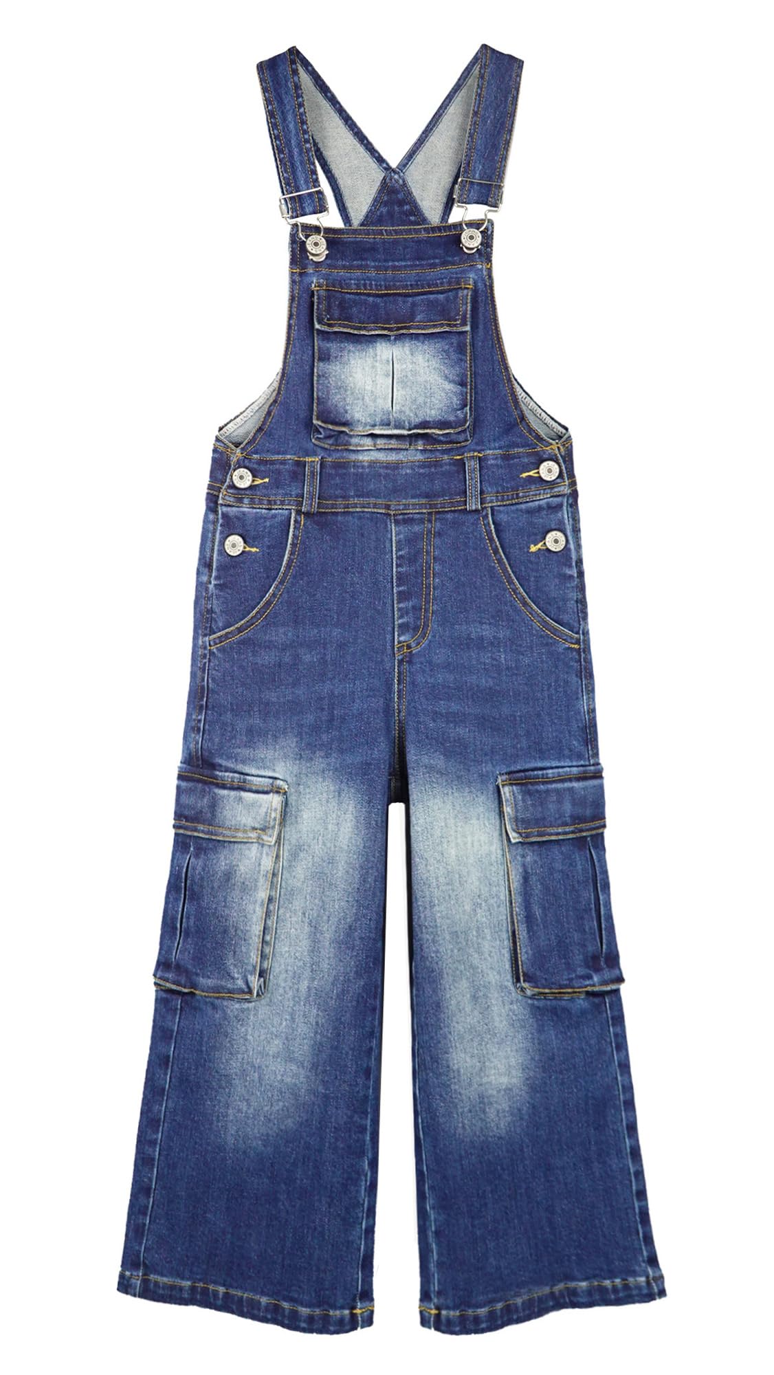 KIDSCOOL SPACE Girls Denim Overalls,Wide Leg Accordion Deep Heel Pockets Cargo Jeans Dungarees
