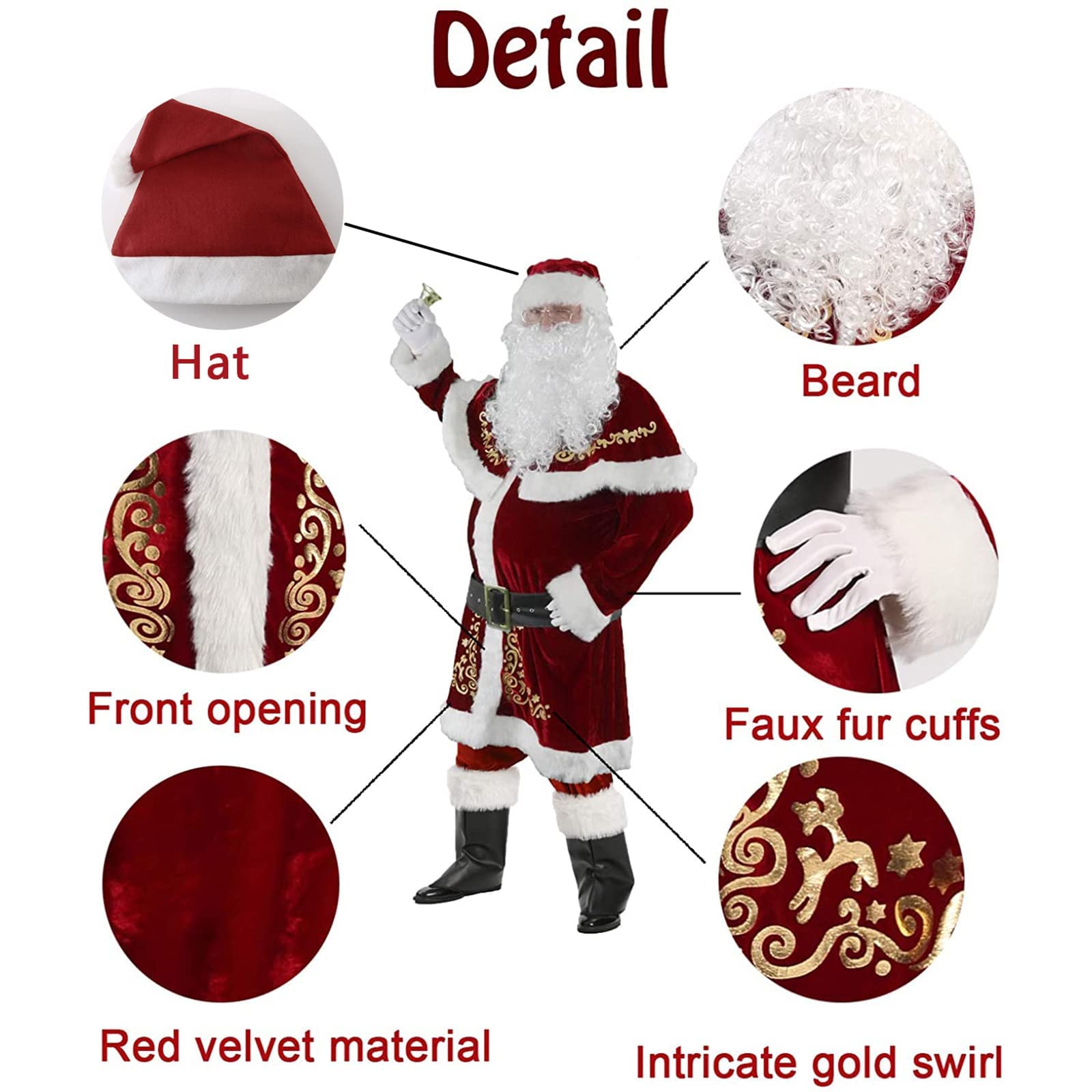 Juego de 6 piezas de Navidad de lujo de terciopelo para adultos traje de Papá Noel de felpa real traje de disfraz de terciopelo Cosplay
