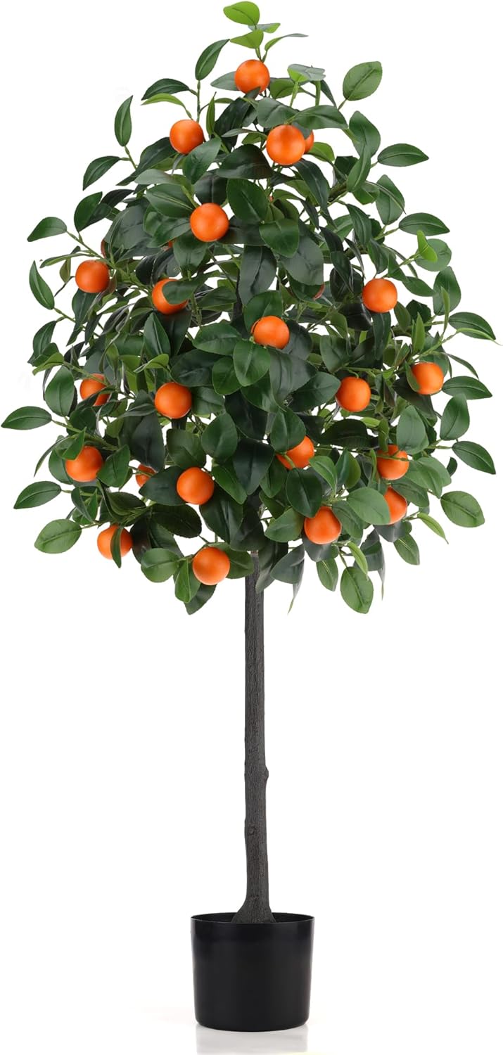 5 Feet Artificial Orange Tree Large Outdoor with Faux Tangerine Fruit Decor with Natural Wood Trunk and Lifelike Citrus Fruits Plastic Pre Potted Fake Orange Plant Tree for Home Office